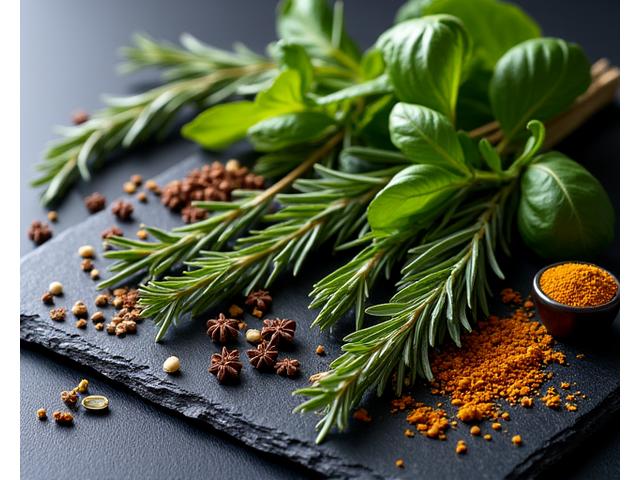 Aromatic spices and fresh herbs